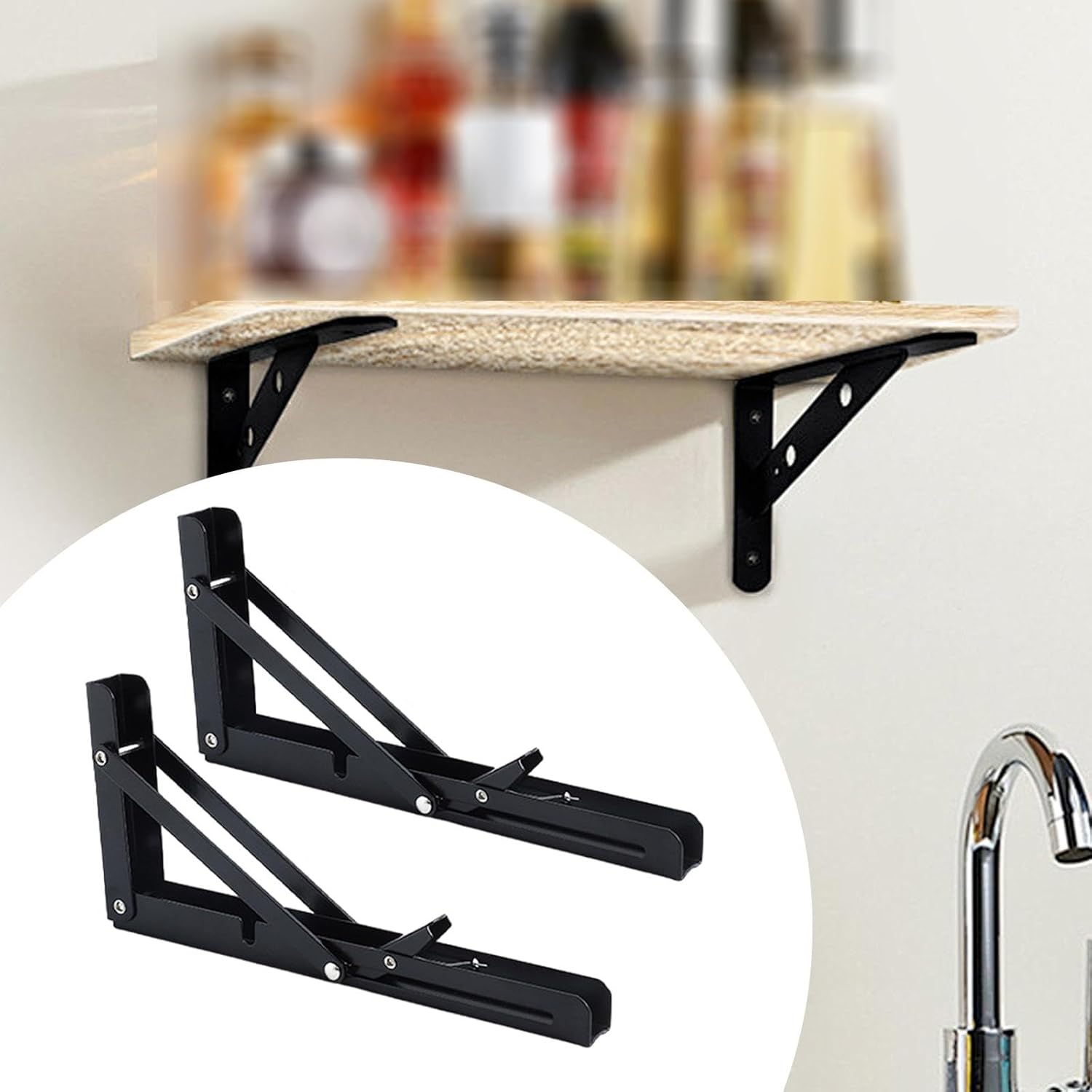 2Pcs Folding Shelf Brackets Wall Mounted Hardware Heavy Duty for Bench Table Black